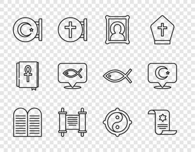 Sırayı belirle Emirler, Tevrat parşömeni, Hristiyan ikonu, KHK, kağıt, parşömen, Yıldız hilal, balık, Yin Yang ve ikon. Vektör