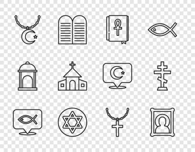 Hristiyan balığı, ikon, Haç Ankh kitabı, Davut Yıldızı ve Hilal zinciri, kilise binası, haç ve ikon. Vektör