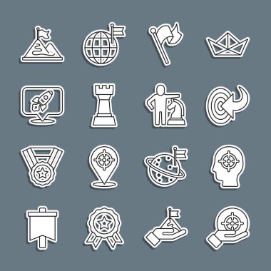 Hedef alın, kafa avlayın, Bayrak, Satranç, Roket gemisi, bayrak ve ikonlu dağlar. Vektör