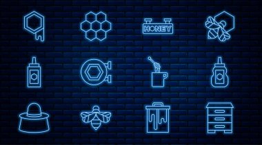 Arılar için Kovan hattı, bal kavanozu bal peteği, bal peteği, dipper çubuğu ve ikon ile asılı tabela. Vektör