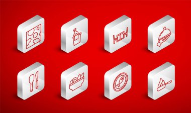 Hattı kurun, tava, şampanya, buz kovası, sandalyeli ahşap masa, kaplanmış yemek tepsisi, tabakta balık, peynir, cips, bıçak ve kaşık ikonu. Vektör