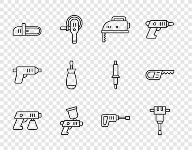 Çizgi boyası sprey tabancası, inşaat matkabı, elektrikli testere, zincir testeresi, tornavida, dönme matkap ve karşılama ikonu. Vektör