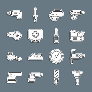 Çizgi çizgisi, matkap, elektrikli yapboz, planör, dairesel, dairesel bıçak, açılı öğütücü, kablosuz tornavida ve tornavida simgesi. Vektör