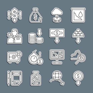 Dolar faiz oranı düşüşü, küresel ekonomik kriz, altın külçeleri, fırtına, çalışanların işten çıkarılması ve ikon. Vektör