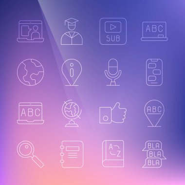 Konuşma baloncuğu sohbeti, alfabe, yeni mesaj bildirimi, altyazılı video, bilgi, dünya küresi, yabancı dil çevrimiçi çalışması ve mikrofon ses aygıtı simgesi ayarla. Vektör