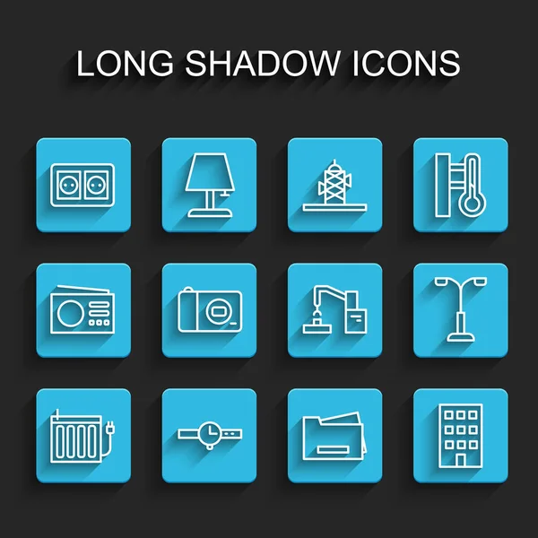 Ställ Linje Värmeelement Armbandsklocka Eluttag Skrivare Hus Fotokamera Gatlykta Och — Stock vektor