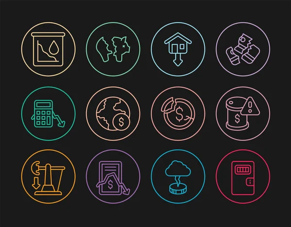 Hücre kapısını belirleyin, ham petrol fiyatlarında düşüş, düşen emlak fiyatları, küresel ekonomik kriz, harcamaların hesaplanması, dolar oranı düşüşü ve kırık domuz kumbarası ikonu. Vektör