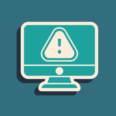 Yeşil arkaplanda ünlem işareti simgesi olan yeşil bilgisayar monitörü. Uyarı mesajı akıllı telefon uyarısı. Uzun gölge tarzı. Vektör İllüstrasyonu