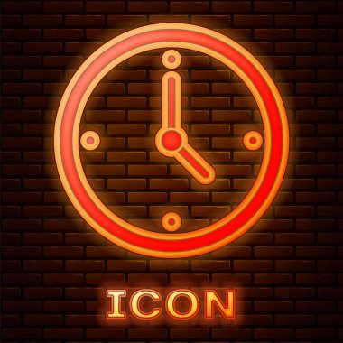 Parlayan neon saat simgesi tuğla duvar arka planında izole edildi. Zaman sembolü. Vektör