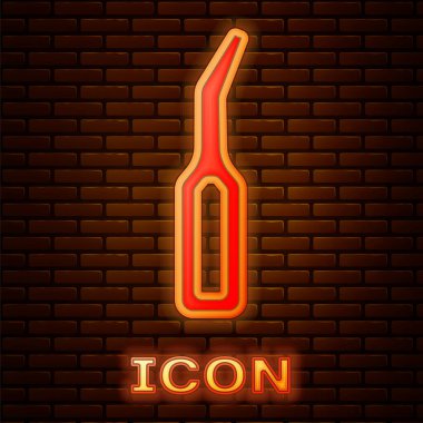Tuğla duvar arka planında izole edilmiş diş simgesi için parlayan neon neon diş kaşifi pulu. Vektör
