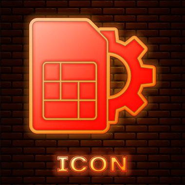 Parlayan neon renkli Sim kart ayarı simgesi tuğla duvar arka planında izole edildi. Cep telefonu sim kart çipi. Mobil telekomünikasyon teknolojisi sembolü. Vektör