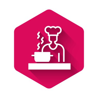 Uzun gölgeli beyaz İspanyol aşçı ikonu. Pembe altıgen düğmesi. Vektör