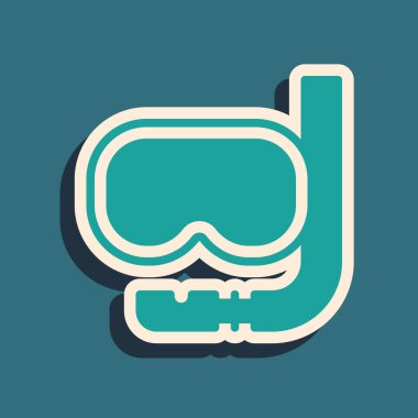 Yeşil dalış maskesi ve şnorkel ikonu yeşil arka planda izole edilmiş. Olağanüstü bir spor. Su altı ekipmanları. Uzun gölge tarzı. Vektör