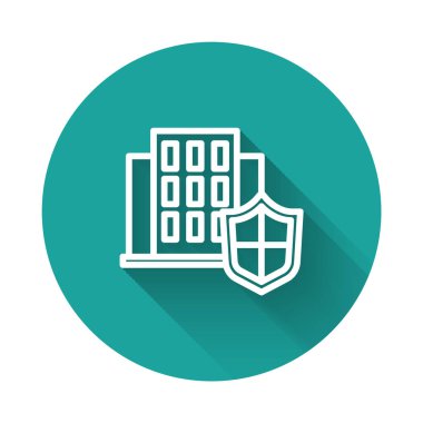 Beyaz Saray, uzun gölgeli bir simge ile izole edildi. Sigorta konsepti. Güvenlik, güvenlik, koruma, konsept koruma. Yeşil daire düğmesi. Vektör.