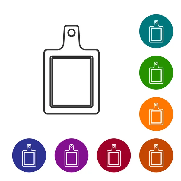 Zwarte lijn Cutting board icoon geïsoleerd op witte achtergrond. Het symbool van de snijplank. Stel pictogrammen in de kleur cirkel knoppen. Vector — Stockvector