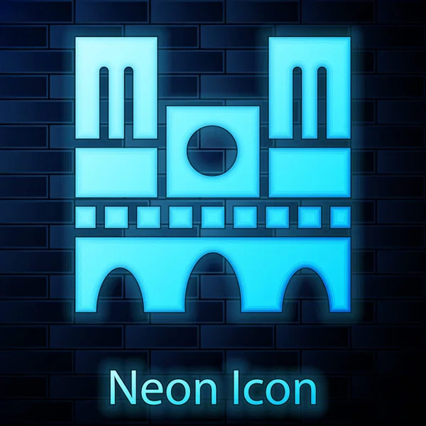 Leuchtende Neon Wahrzeichen von Frankreich Notre Dame de Paris Ikone isoliert auf Backsteinmauer Hintergrund. Vektor — Stockvektor