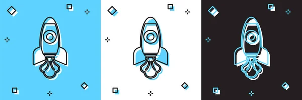 Set Rocket ship icône isolée sur fond bleu et blanc, noir. Voyage dans l'espace. Vecteur — Image vectorielle