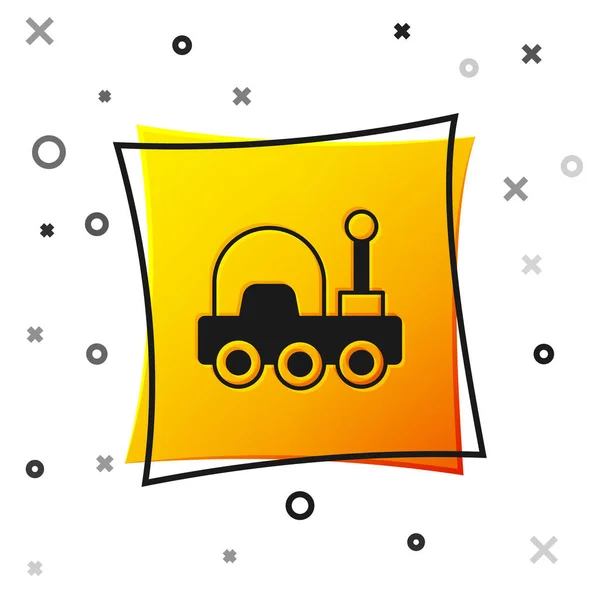 Icono del rover Marte Negro aislado sobre fondo blanco. Space rover. Signo de caminante lunar. Aparato para estudiar la superficie de los planetas. Botón cuadrado amarillo. Vector — Vector de stock