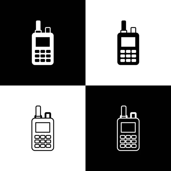 Set Walkie Talkie-Symbol isoliert auf schwarzem und weißem Hintergrund. Tragbares Funksender-Symbol. Funksignale. Vektor — Stockvektor