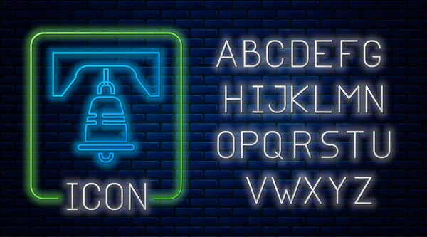 Светящийся неоновый колокол Свободы в Филадельфии на фоне кирпичной стены. Неоновый легкий алфавит. Вектор — стоковый вектор