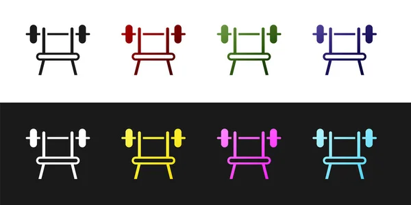 Set Bench with barbell icon isolated on black and white background. Gym equipment. Bodybuilding, powerlifting, fitness concept. Vector — Stock Vector