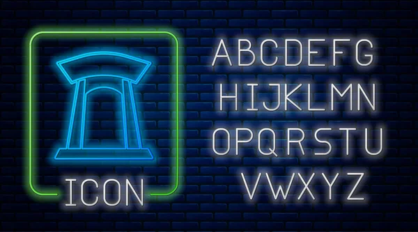 Gloeiende neon Koreaanse traditionele poort pictogram geïsoleerd op baksteen muur achtergrond. Neon licht alfabet. Vector — Stockvector