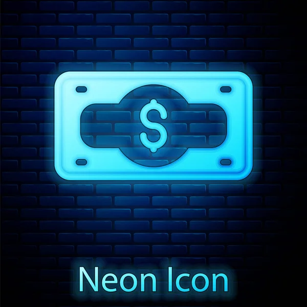 Leuchtende Neon Stacks Papiergeld Bargeld Ikone isoliert auf Backsteinwand Hintergrund. Geldscheine stapeln sich. Bill Währung. Vektor — Stockvektor