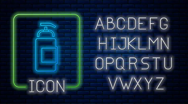 Flacon lumineux au néon de savon liquide antibactérien avec icône distributeur isolé sur fond de mur de brique. Antiseptique. Désinfection, hygiène, soin de la peau. Alphabet néon. Vecteur — Image vectorielle