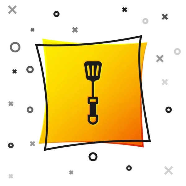 Zwarte Spatel pictogram geïsoleerd op witte achtergrond. Keuken spatel icoon. BBQ spatel teken. Barbecue en grill gereedschap. Gele vierkante knop. Vector — Stockvector