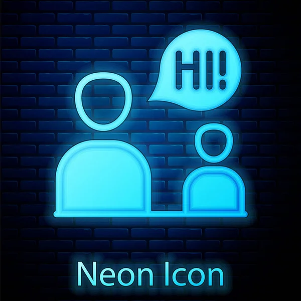 Glödande neon Två sittande män talar ikon isolerad på tegelvägg bakgrund. Snacka om pratbubbla. Meddelandeikonen. Kommunikation eller kommentera chatt symbol. Vektor — Stock vektor