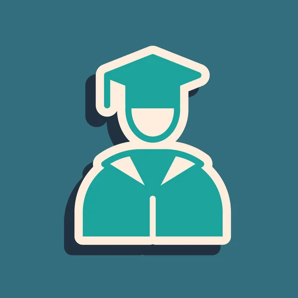 Green Graduate a maturitní čepice ikona izolované na zeleném pozadí. Dlouhý stínový styl. Vektor — Stockový vektor