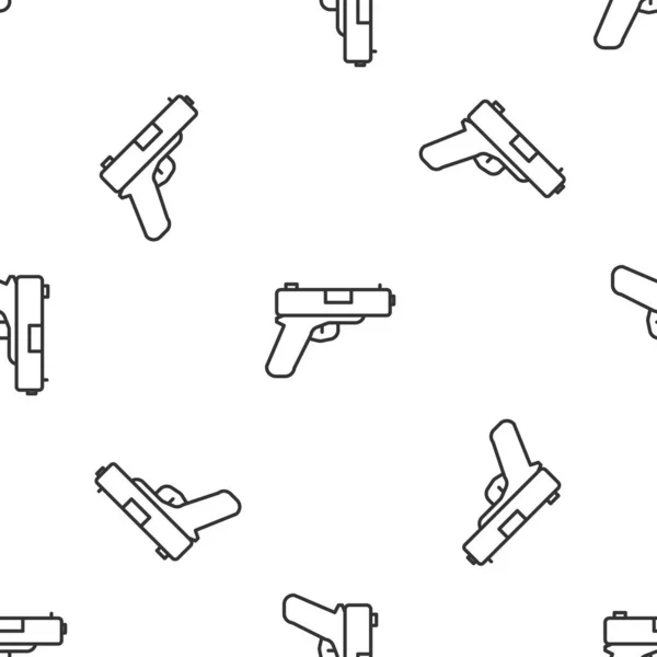 Ligne grise Pistolet ou icône de pistolet isolé motif sans couture sur fond blanc. Police ou arme de poing militaire. Petite arme à feu. Vecteur — Image vectorielle