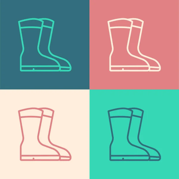Pop art line Fishing boots icon isolated on color background. Waterproof rubber boot. Gumboots for rainy weather, fishing, hunter, gardening. Vector — Stock Vector