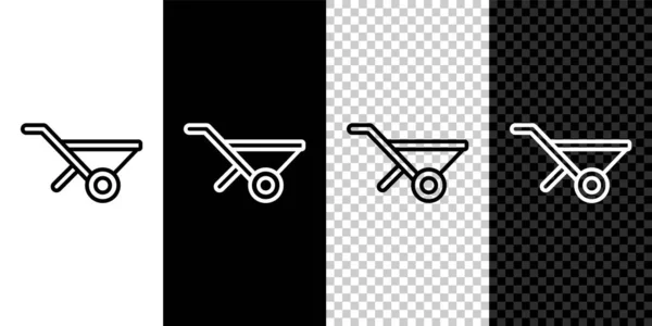Establecer línea Wheelbarrow icono aislado sobre fondo blanco y negro. Equipo de herramientas. Agricultura carro rueda granja. Vector — Archivo Imágenes Vectoriales