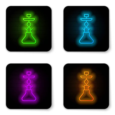Parlayan neon çizgisi beyaz arkaplanda izole edilmiş Nargile simgesi. Siyah kare düğme. Vektör