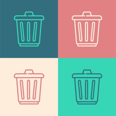 Pop sanat çizgisi Çöp kutusu simgesi renk arkaplanında izole edildi. Çöp kutusu tabelası. Sepet simgesini geri dönüştür. Ofis çöpü ikonu. Vektör