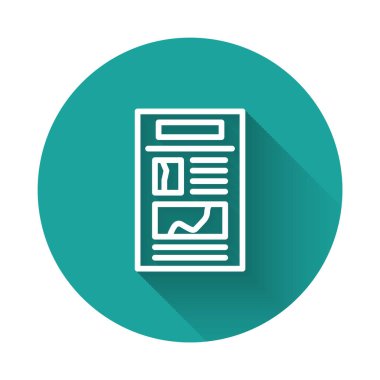 Beyaz çizgi haber simgesi uzun gölgelerle izole edildi. Gazete tabelası. Kitle iletişim sembolü. Yeşil daire düğmesi. Vektör