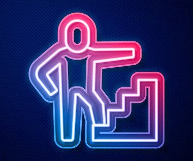 Parlayan neon hattı merdiven, bitiş bayrağı simgesi mavi arkaplanda izole edilmiş. Kariyer gelişimi konsepti. İş geliştirme kavramı. Vektör