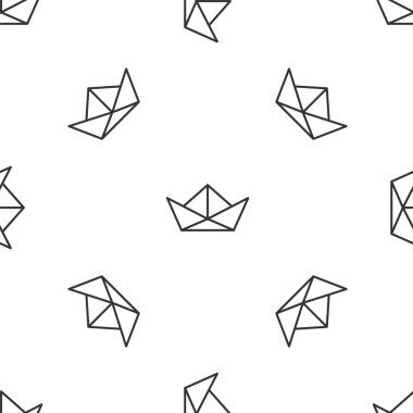 Gri çizgi katlanır kağıt tekne ikonu beyaz arka planda izole edilmiş kusursuz desen. Origami kağıt gemisi. Vektör