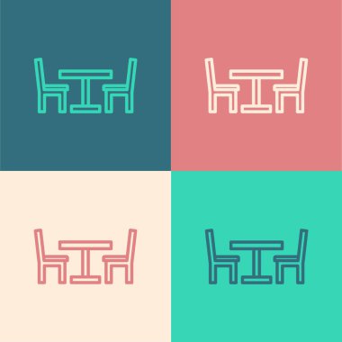 Renkli arka planda izole edilmiş sandalye ikonu olan tahta masa. Sokak kafesi. Vektör