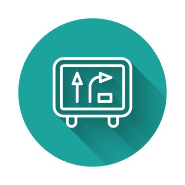 Beyaz çizgi trafik levhası. Sinyal direği simgesi uzun gölge arkaplanı ile izole edildi. İşaretçi sembolü. İzole sokak bilgi levhası. Yön tabelası. Yeşil daire düğmesi. Vektör