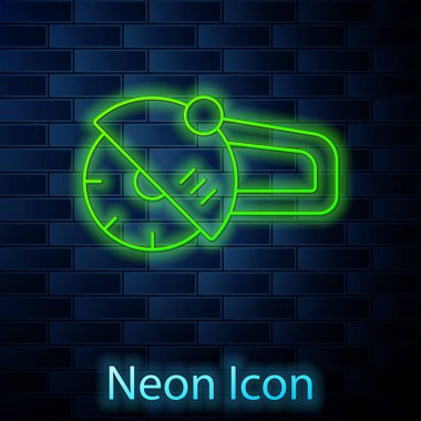 Parlayan neon çizgisi Angle Öğütücü simgesi tuğla duvar arka planında izole edildi. Vektör