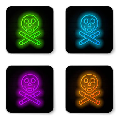 Beyaz arka planda parlayan neon çizgisi Bones ve kafatası toksik uyarı simgesi olarak izole edilmiş. Siyah kare düğme. Vektör