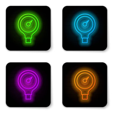 Parlayan neon çizgisi ölçeği simgesi beyaz arkaplanda izole edildi. Memnuniyet, sıcaklık, manometre, risk, değerlendirme, performans, hız taktik ölçer. Siyah kare düğme. Vektör