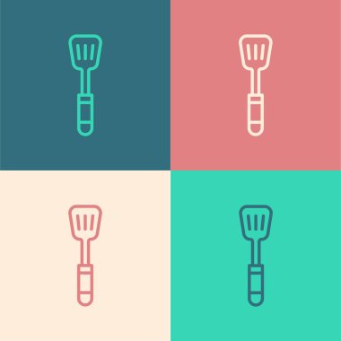 Pop sanat çizgisi Spatula simgesi renk arkaplanında izole edildi. Mutfak spatula ikonu. Barbekü spatula işareti. Barbekü ve ızgara aleti. Vektör