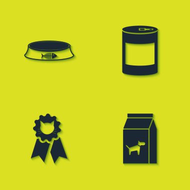 Evcil hayvan kasesi, köpek çantası, kedi ödülü sembolü ve konserve ikonu. Vektör