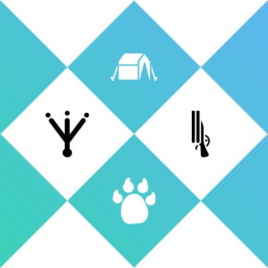 Kuş ayak izi, Paw, turist çadırı ve av tüfeği ikonu. Vektör