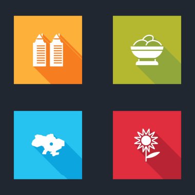 Dnipro 'da iki kule, Varenyky' ye bir kase Ukrayna Haritası ve Ayçiçeği ikonu ayarla. Vektör