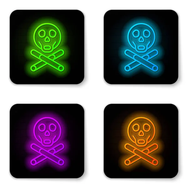 Beyaz arka planda parlayan neon çizgisi Bones ve kafatası toksik uyarı simgesi olarak izole edilmiş. Siyah kare düğme. Vektör