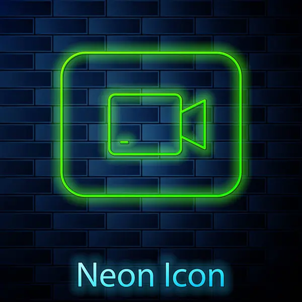 Glowing neon line Play video button icon isolated on brick wall background. Film strip sign. Vector — Stock Vector
